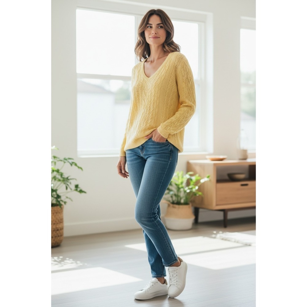 Polo Ralph Lauren Women's Yellow Linen Cable Knit V-Neck Sweater Size S‎
